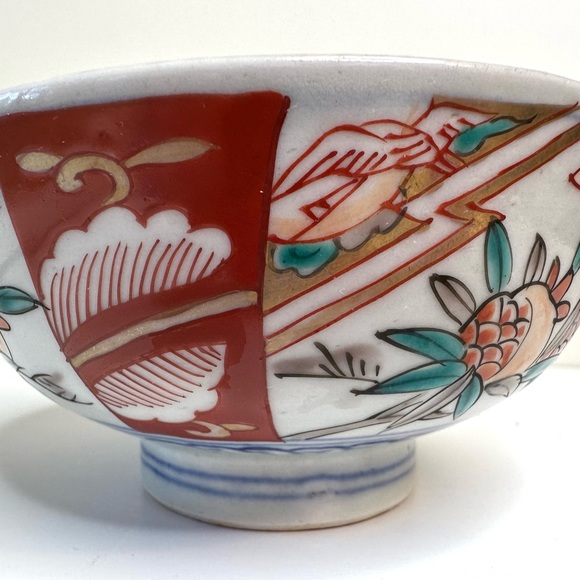 Antique Japanese Hand Painted Imari Footed Bowl 4.5” Diameter-White Red Blue - Picture 6 of 16